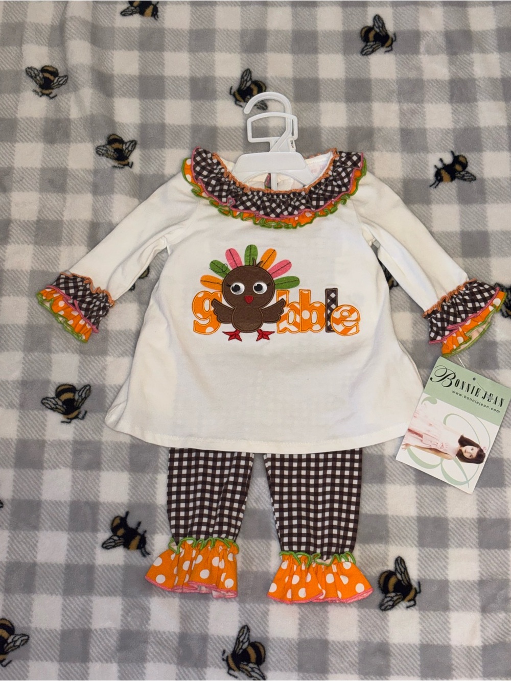 Bonnie Baby White Turkey Applique Top with Brown Gingham Leggings